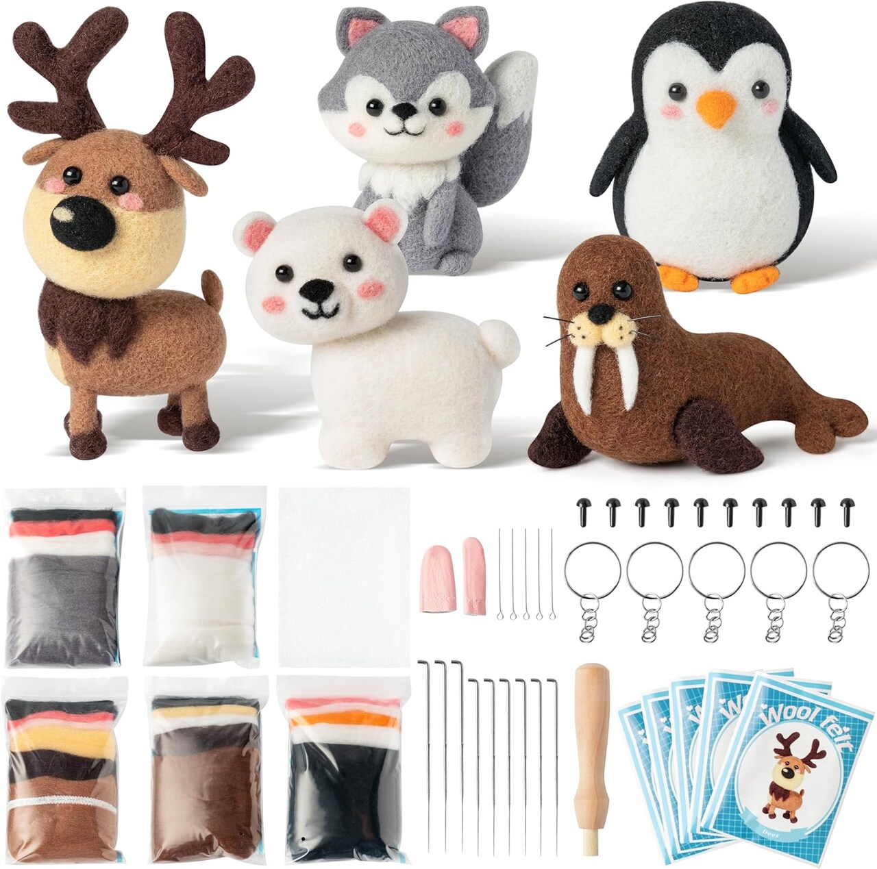 Set of 5 Winter Polar Animals Wool Needle Felting Kit,5 Unique Designs Doll Making Wool Needle Felting Starter Kit, DIY Home Decoration Needle Felting Craft Birthday Gift for Adult and Kids